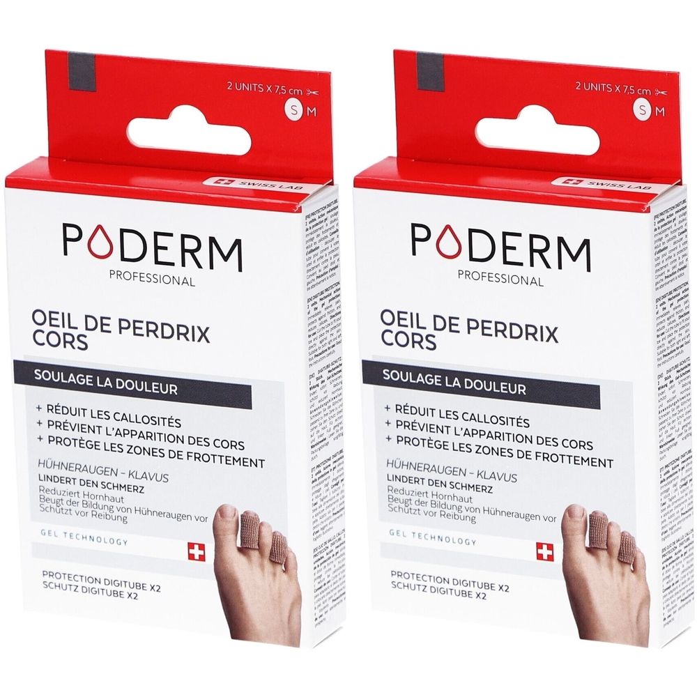 Twee Poderm-verpakkingen. Wit met rode bovenkant. Tekst: Poderm, Oeil de Perdrix Cors, verlicht pijn. Zwitsers kruis.