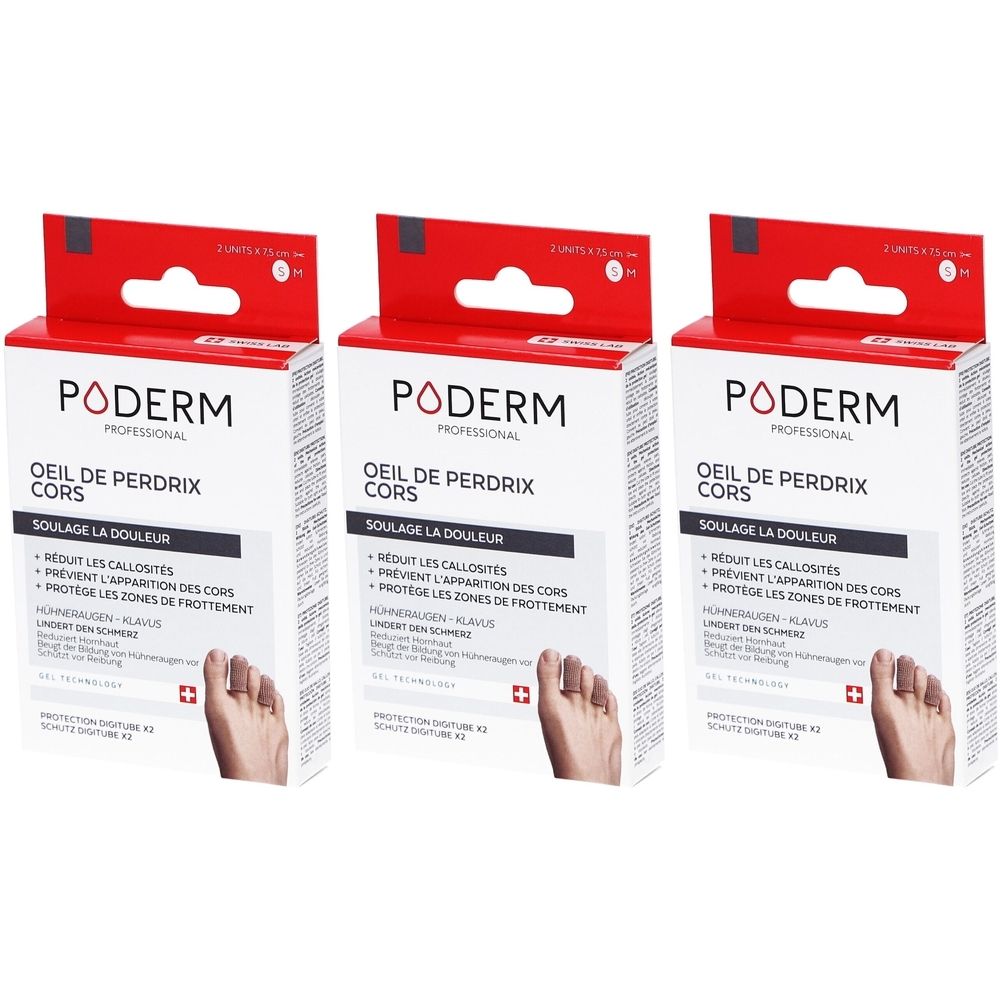 Drie Poderm-verpakkingen. Witte dozen met rode bovenkant. Tekst: Poderm, Oeil de Perdrix Cors, verlicht pijn, vermindert eelt.