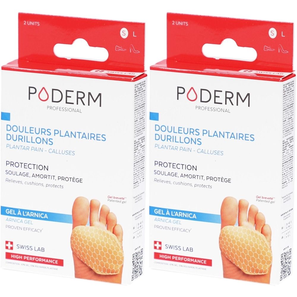 Deux boîtes Poderm. Inscription: Poderm Professional, DOULEURS PLANTAIRES DURILLONS, GEL À L'ARNICA. Swiss Lab. Représentation: pied avec coussinet en gel.