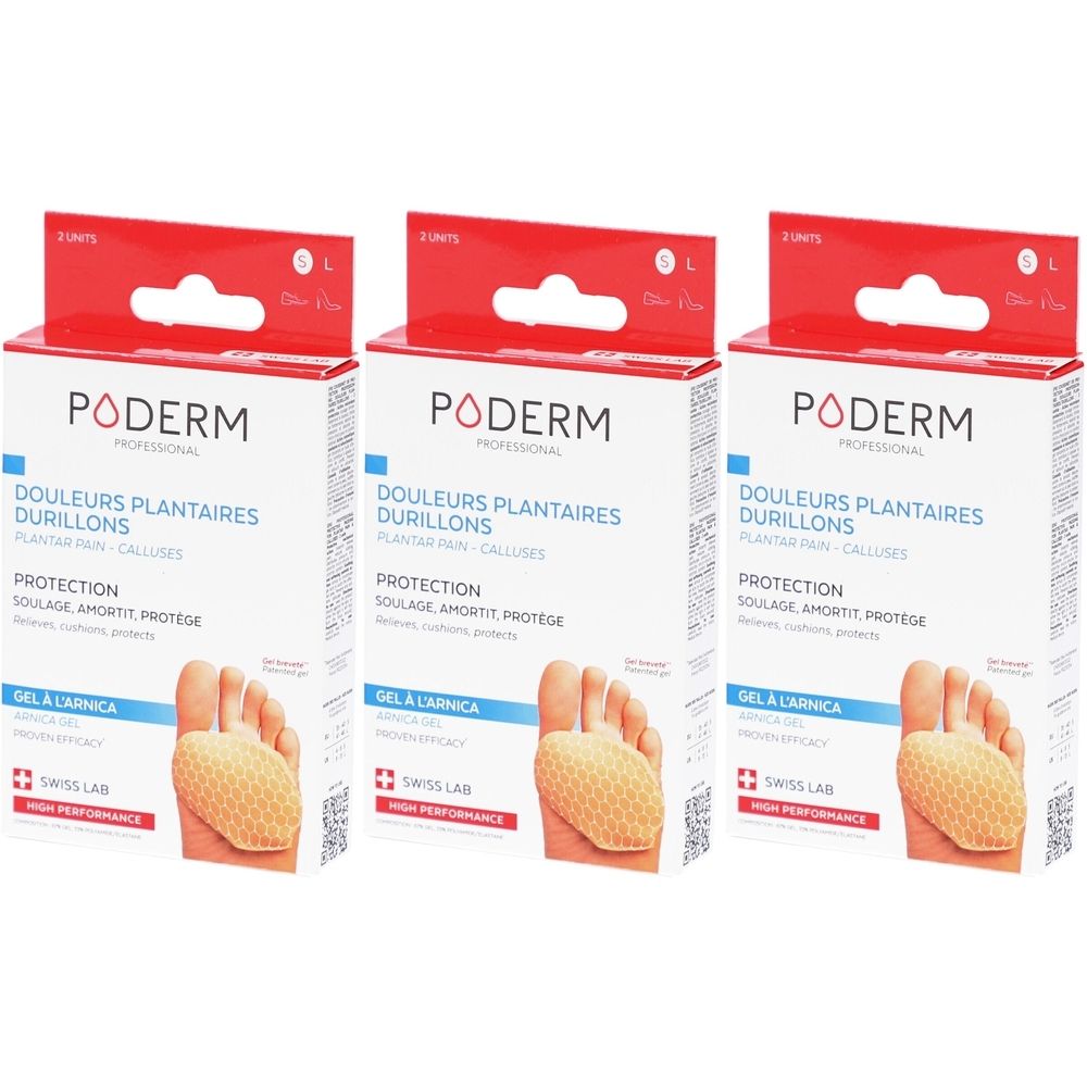 Drie Poderm-verpakkingen. Rode en witte dozen met productafbeelding en tekst. Opschrift: Poderm, DOULEURS PLANTAIRES DURILLONS, PROTECTION. Gel à l'arnica.