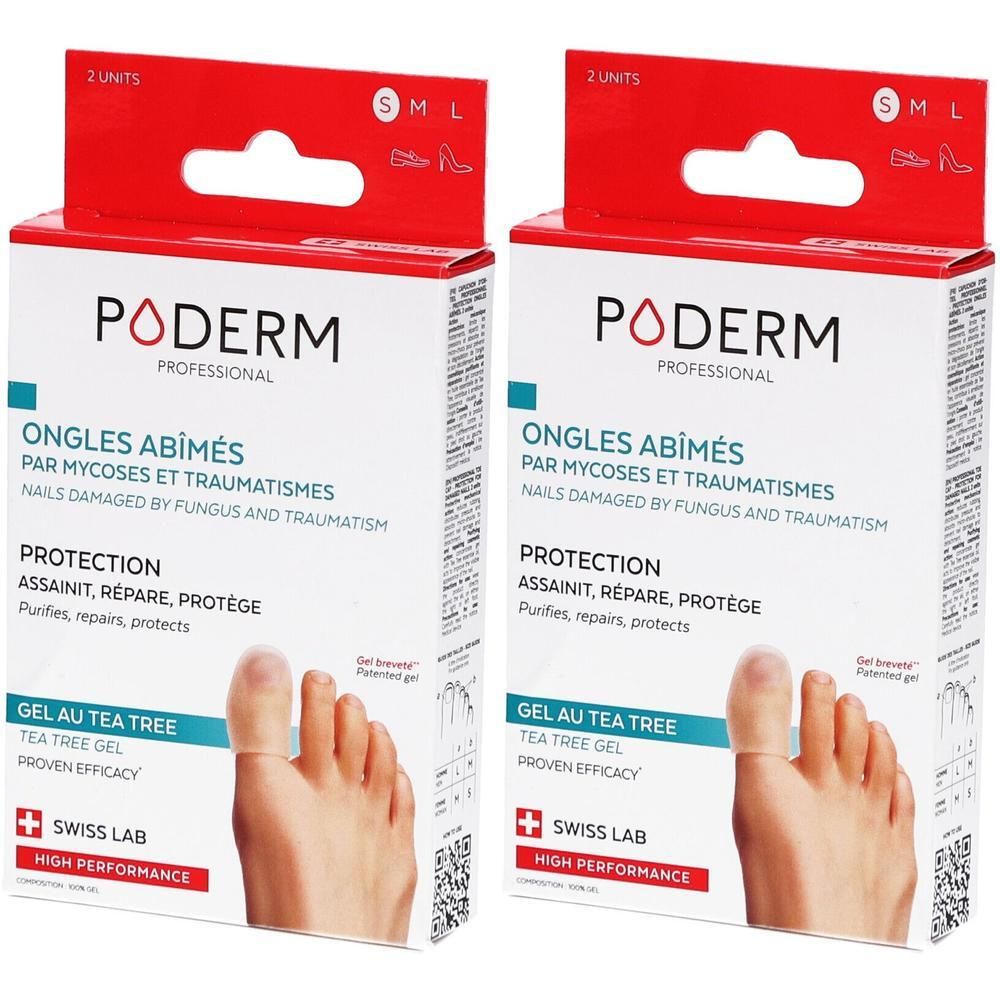 Deux boîtes de gel Poderm à l'arbre à thé pour ongles abîmés. Montre des orteils protégés. Swiss Lab.