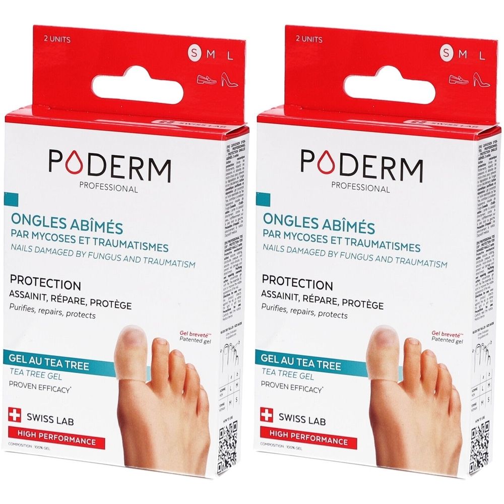 Twee dozen Poderm Tea Tree Gel voor beschadigde nagels. Toont beschermde tenen. Swiss Lab.