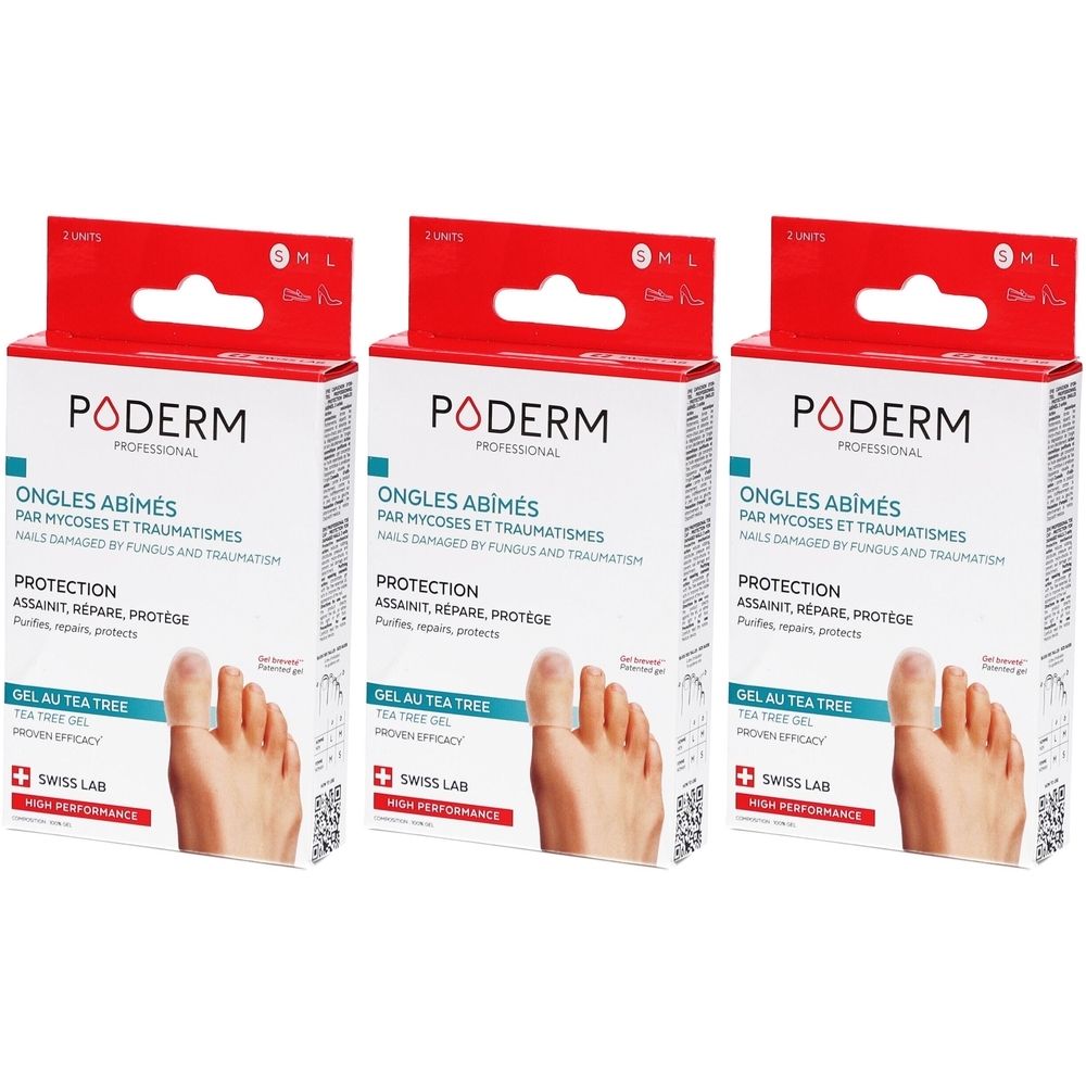 Drie dozen Poderm Gel met theeboomolie voor beschadigde nagels. Toont tenen met bescherming.