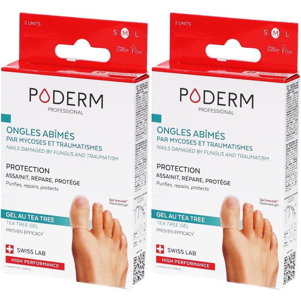 Twee dozen Poderm Gel voor beschadigde nagels met tea tree. Maten S, M, L selecteerbaar.