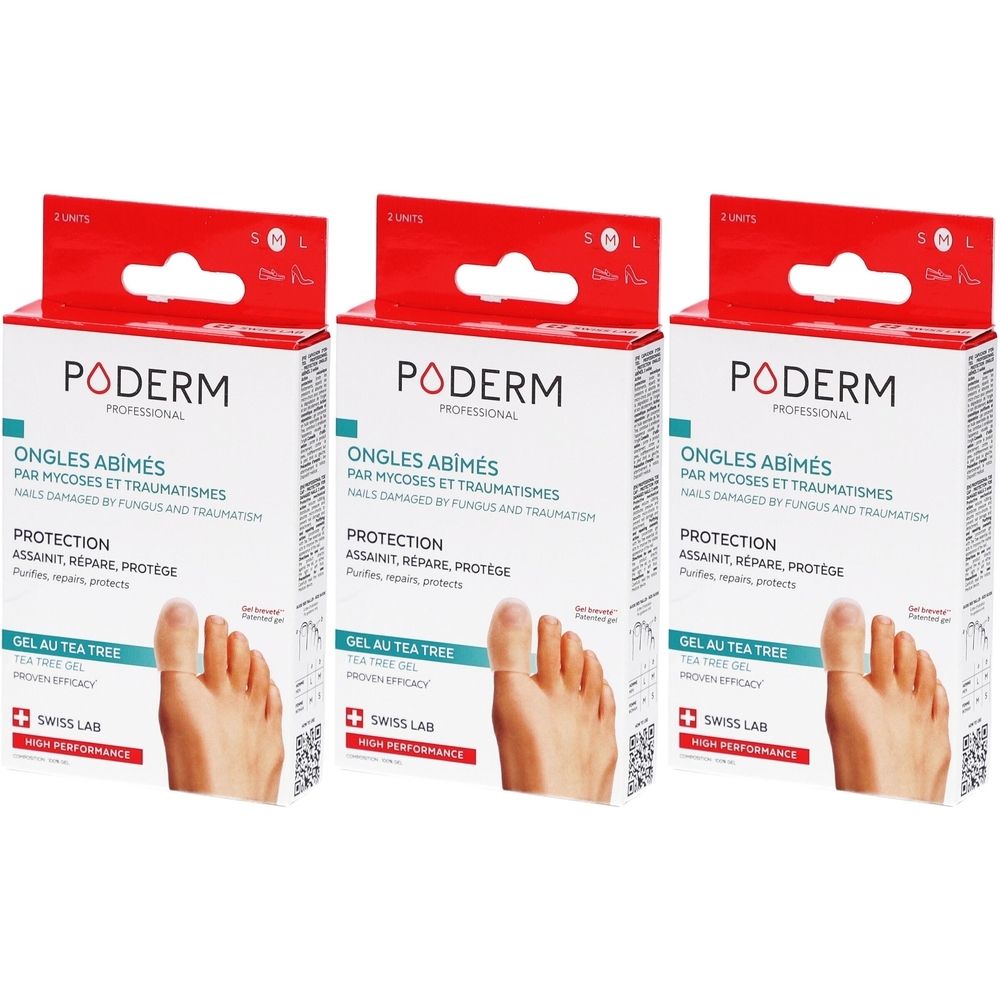 Trois boîtes de gel Poderm pour ongles abîmés au tea tree. Taille M.