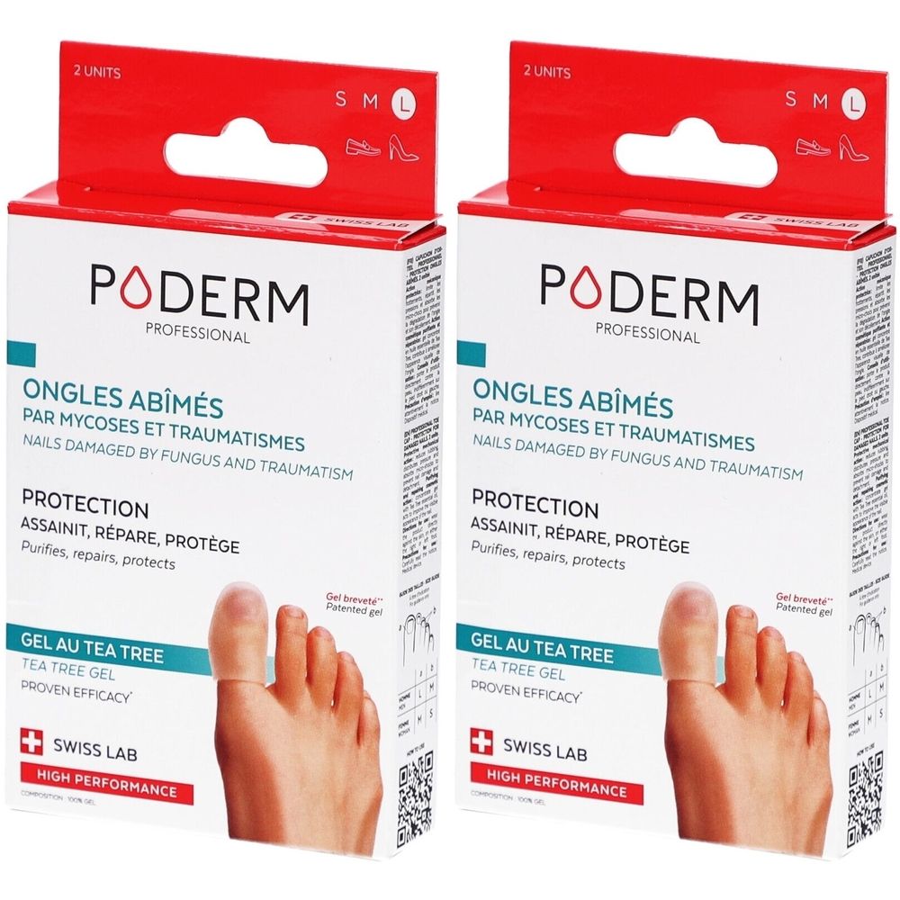 Twee PODERM-verpakkingen. Opschrift: Ongles Abîmés, Protection. Bevat teenschild. Swiss Lab. High Performance.