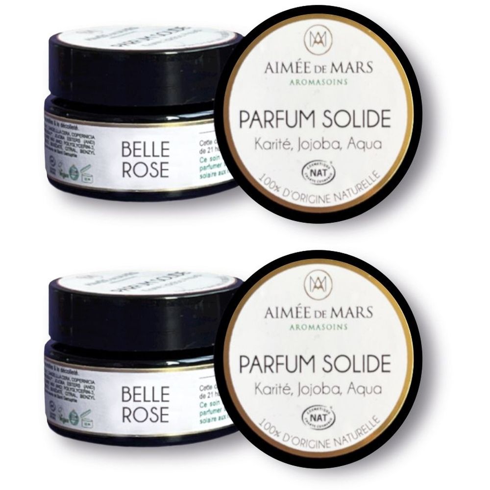 Deux pots de parfum solide avec couvercle noir et étiquette.