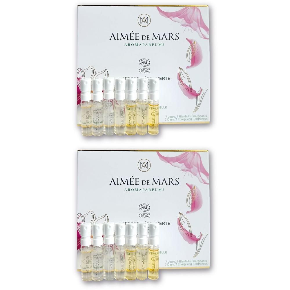 Deux boîtes contenant chacune 7 petits flacons de parfum. Le dessus des boîtes indique 'AIMÉE DE MARS AROMAPARFUMS'.