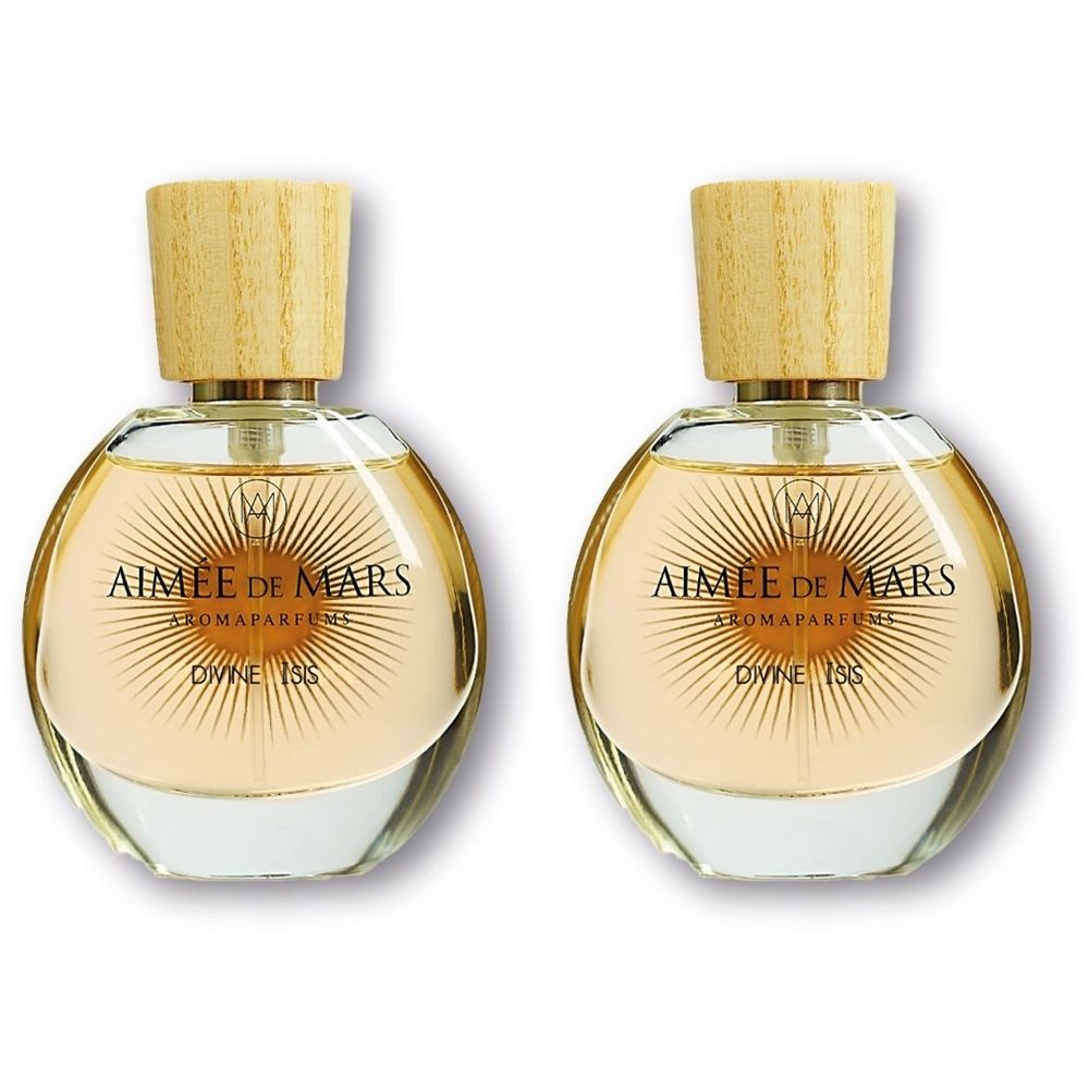 Twee flacons met houten dop, gevuld met lichte parfum. Opschrift: AIMÉE DE MARS DIVINE ISIS.