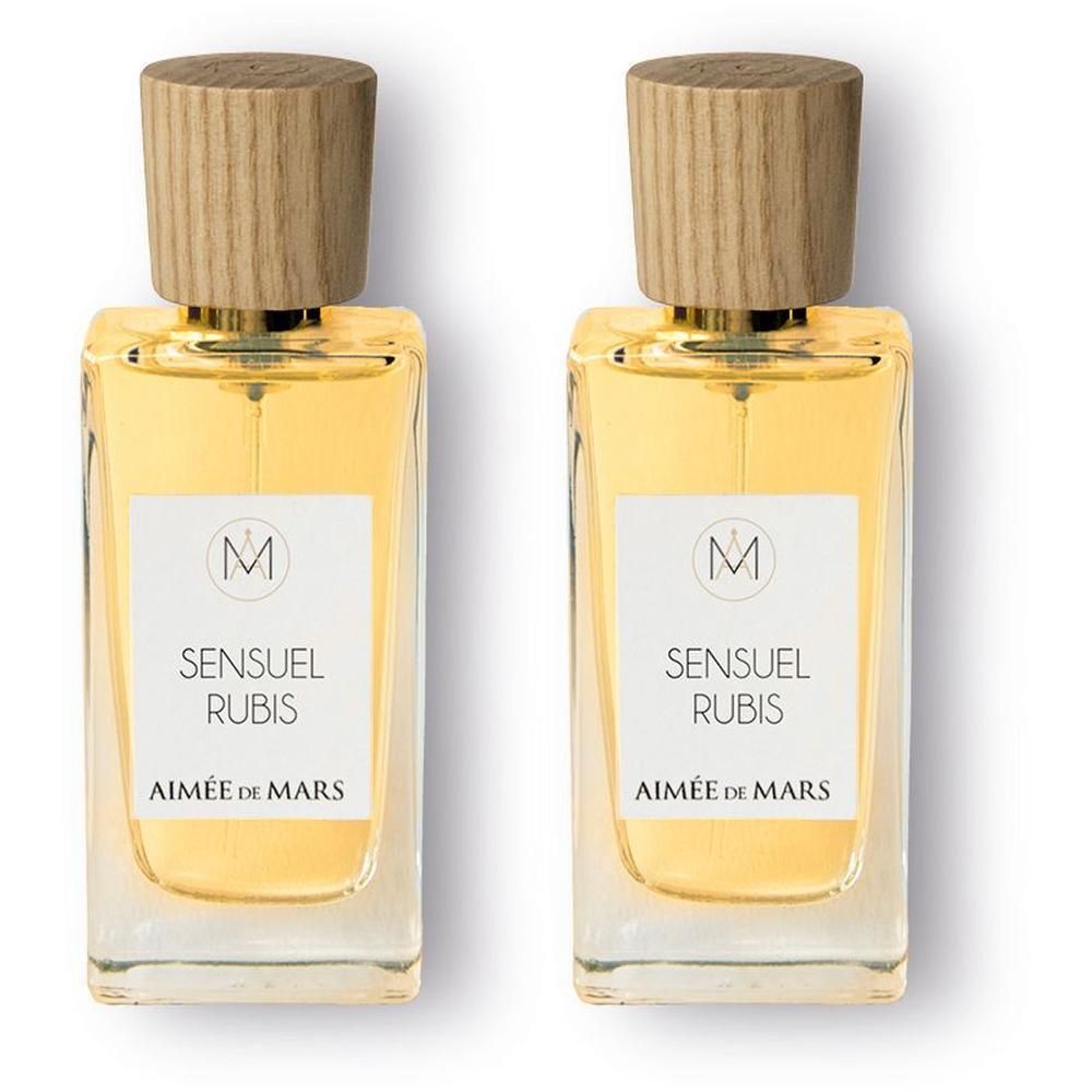 Twee flessen Aimée de Mars Sensuel Rubis Eau de Parfum met houten dop.