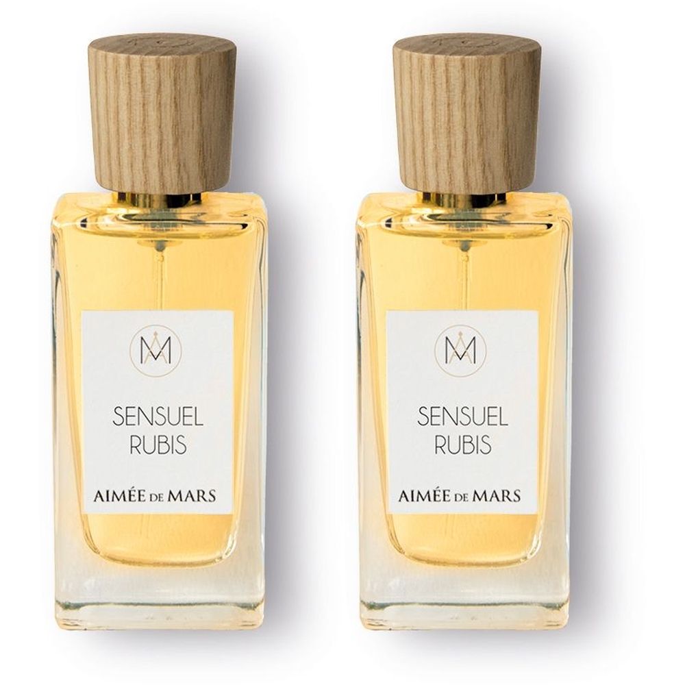 Deux flacons d'Aimée de Mars Sensuel Rubis Eau de Parfum avec bouchon en bois.