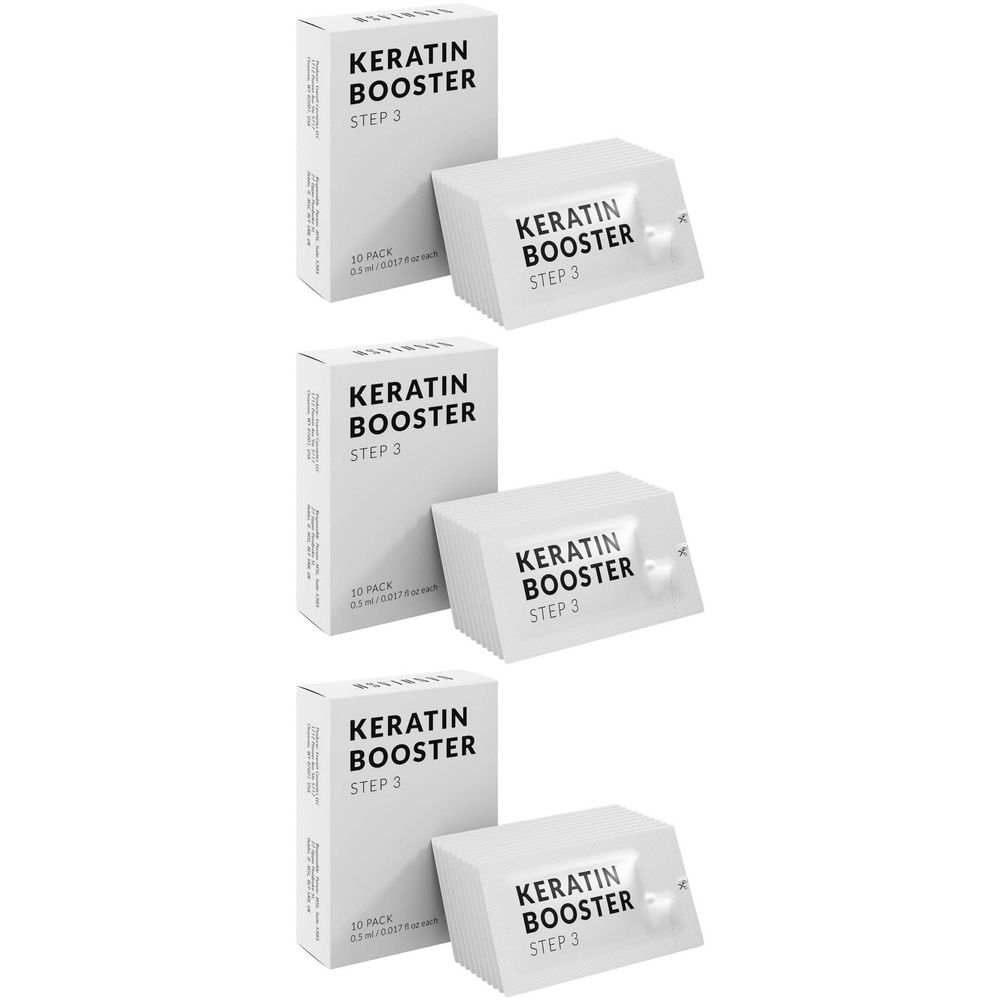 Meerdere witte productverpakkingen. Op de dozen staat 'KERATIN BOOSTER STEP 3'. Individuele zakjes met product. 10 stuks.