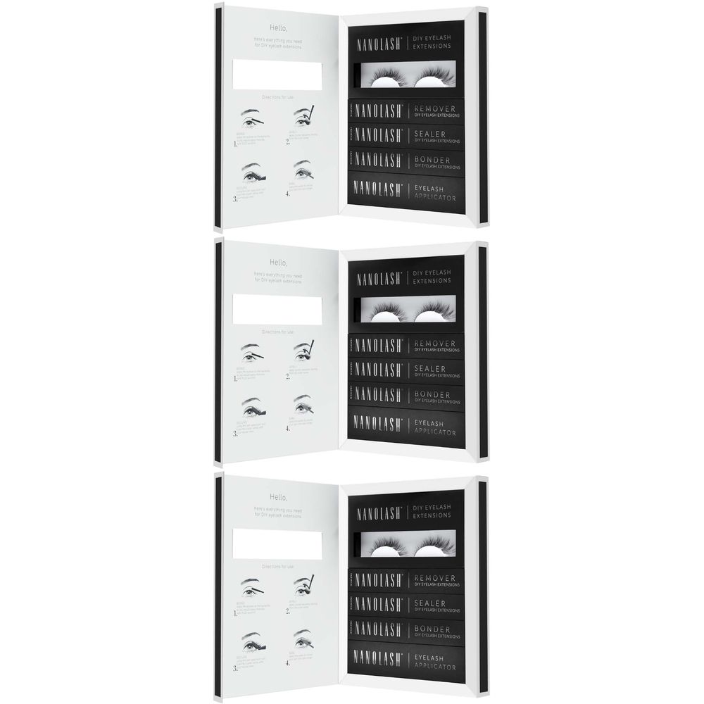 Drie Nanolash DIY CLASSY Starter Kits. Elke kit bevat wimpers, remover, sealer, bonder en applicator. Witte verpakking.