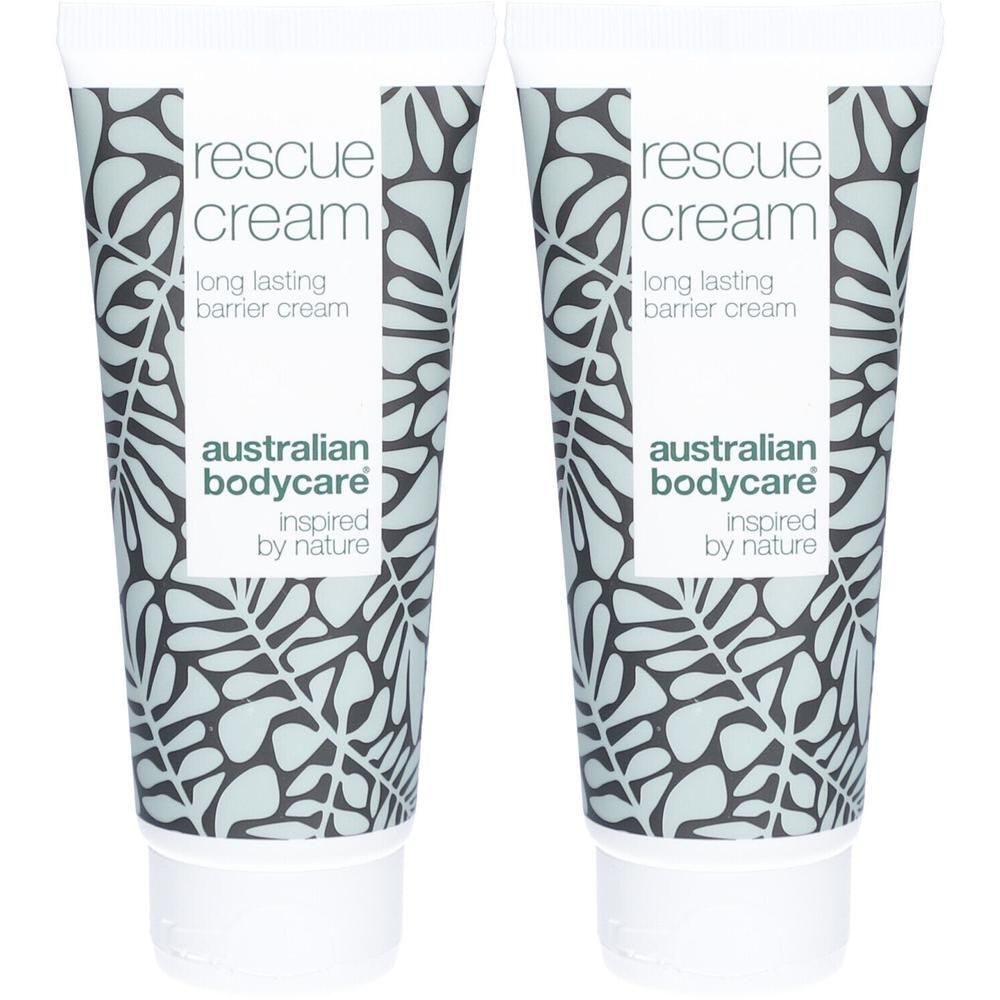 Twee tubes barrièrecrème. Opschrift: rescue cream, long lasting barrier cream. Merk: Australian Bodycare.