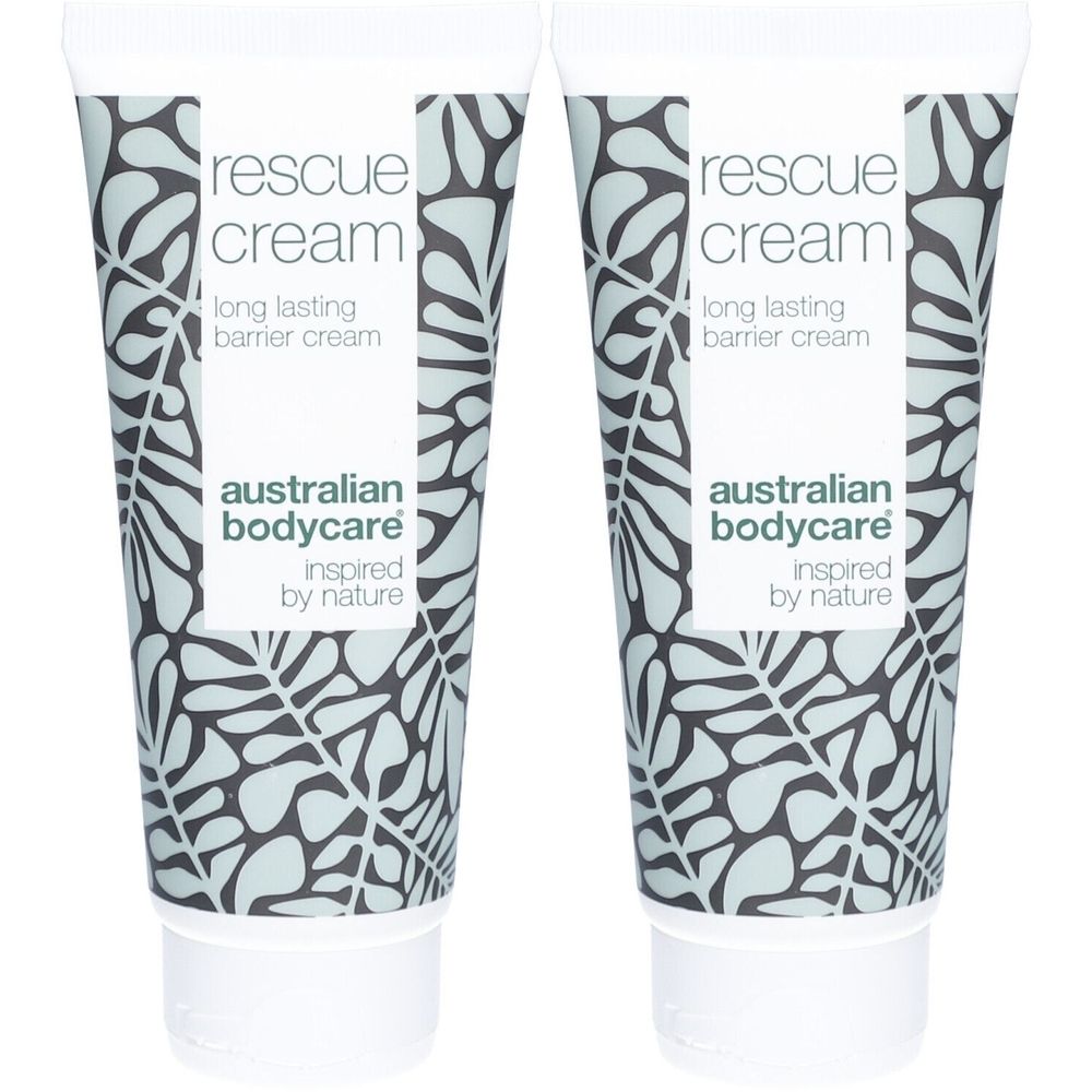 Twee tubes barrièrecrème. Opschrift: rescue cream, long lasting barrier cream. Merk: Australian Bodycare.