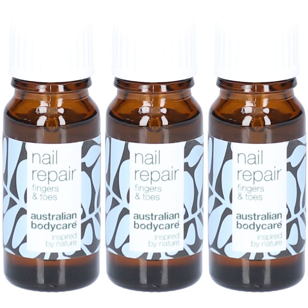 Trois flacons en verre brun avec des bouchons blancs. Les étiquettes indiquent "nail repair fingers & toes" et "australian bodycare".