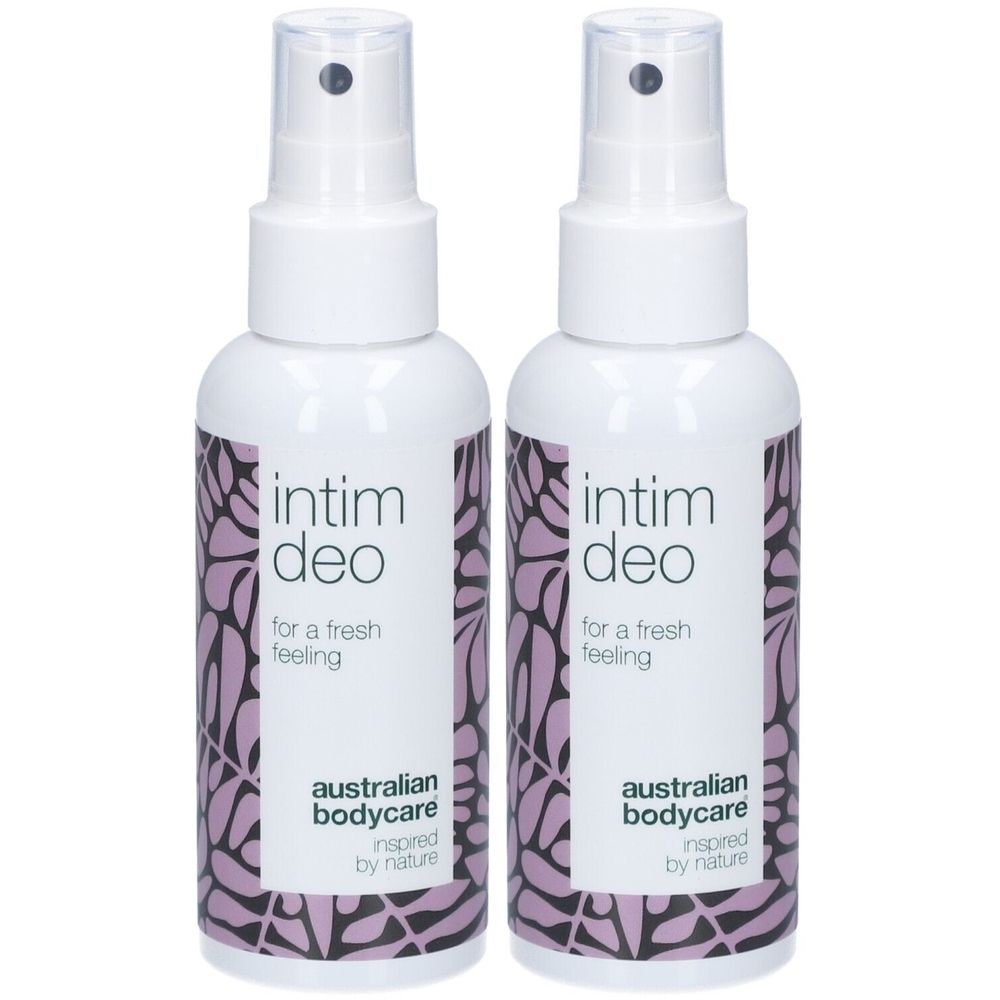 Twee witte spuitflessen met paars bloemmotief. Opschrift: intim deo, for a fresh feeling, australian bodycare.