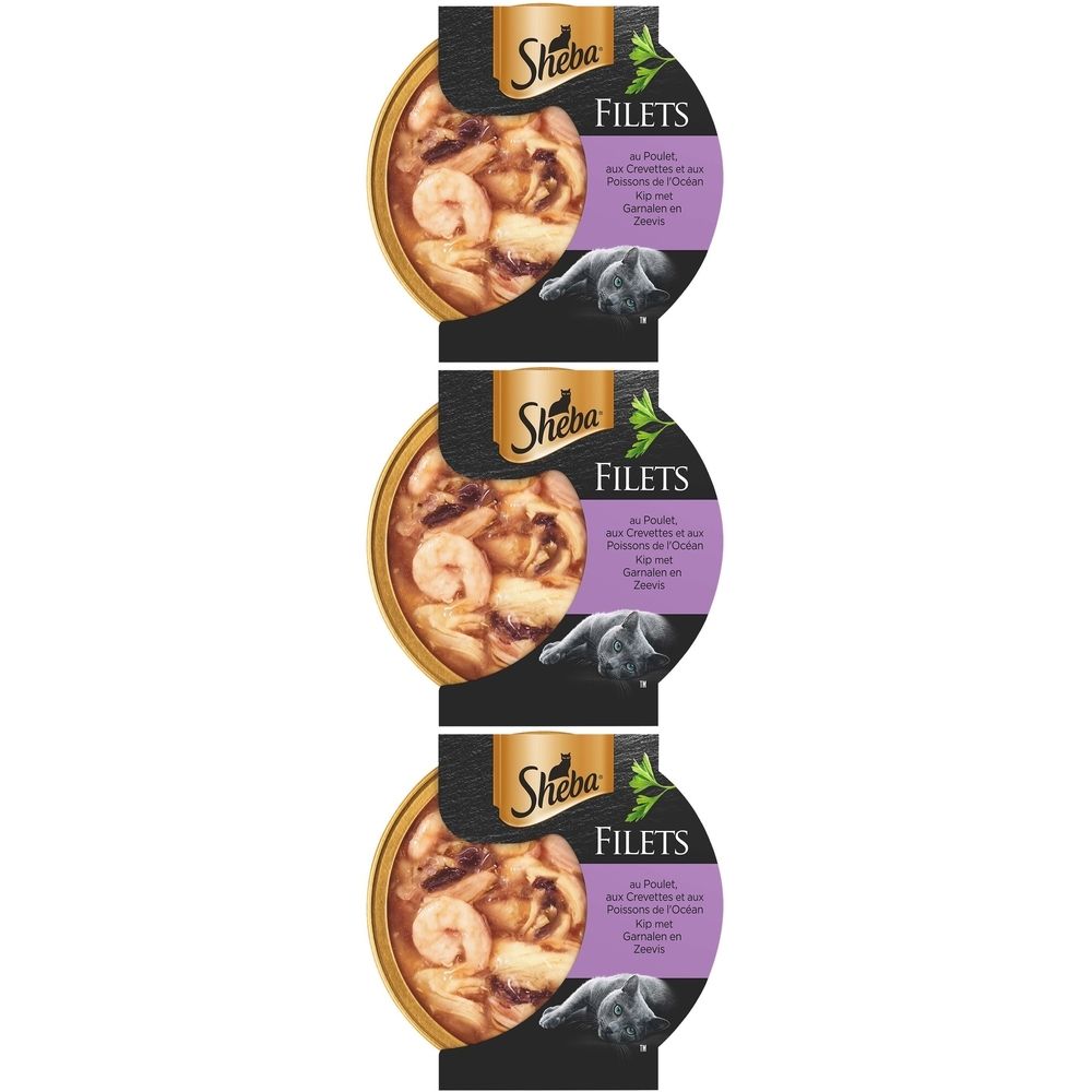 Drie Sheba Filets verpakkingen. Ronde bakjes met kattenvoer, garnalen en zeevis. Paars etiket met productinformatie.