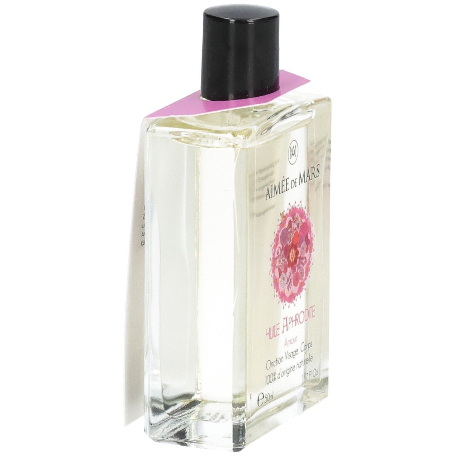 Rechthoekige glazen fles met heldere vloeistof, zwarte dop en roze etiket. Wit etiket met tekst.