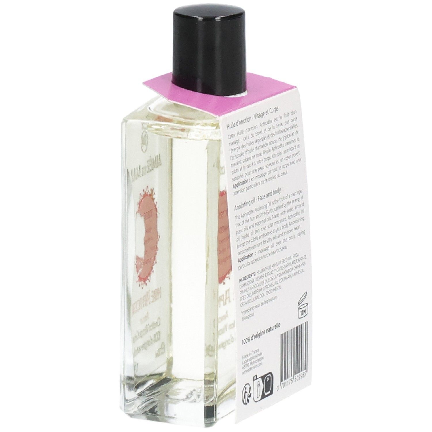 Glazen fles met heldere vloeistof, zwarte dop en roze etiket. Achterkant met tekst en barcode.
