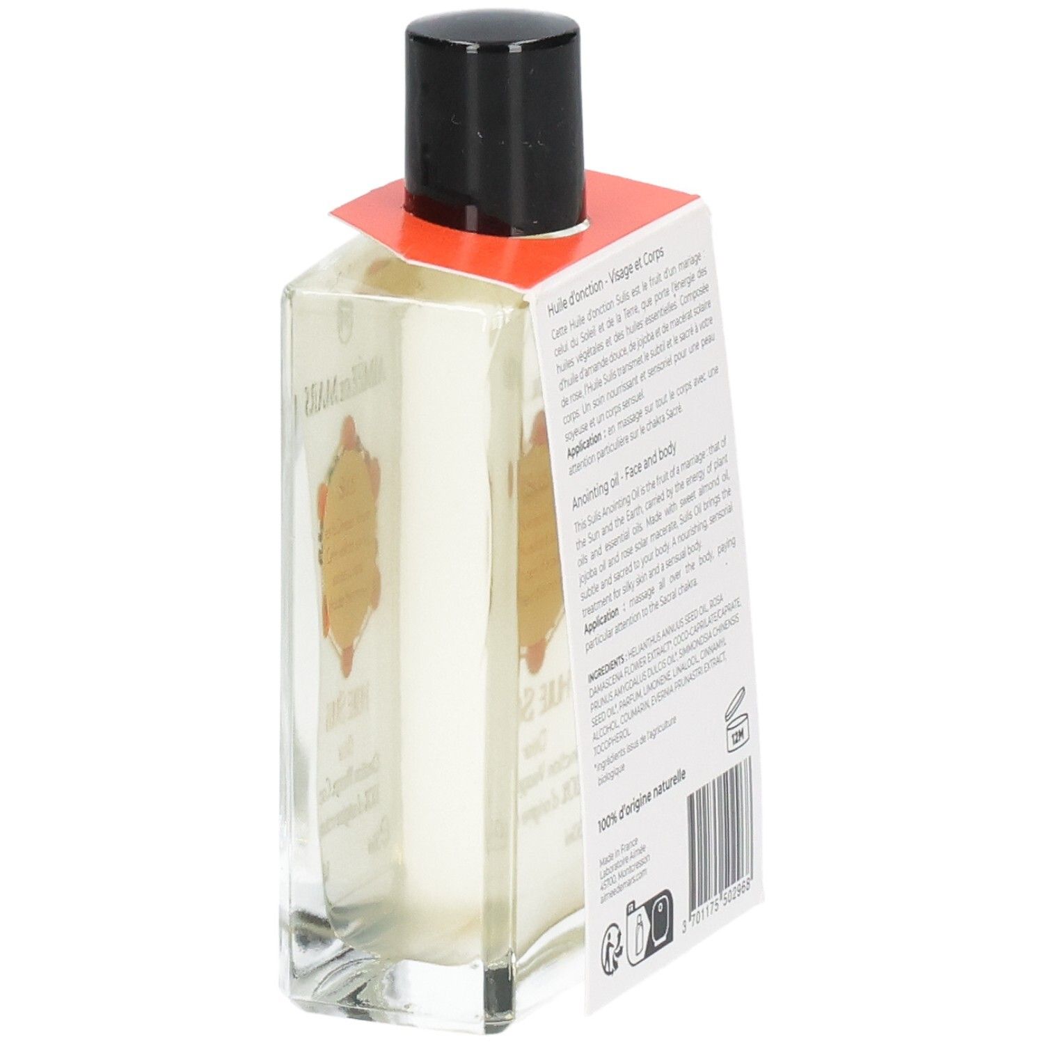 Glazen fles met zwarte dop. Etiket met productinformatie. 100% natuurlijke oorsprong.
