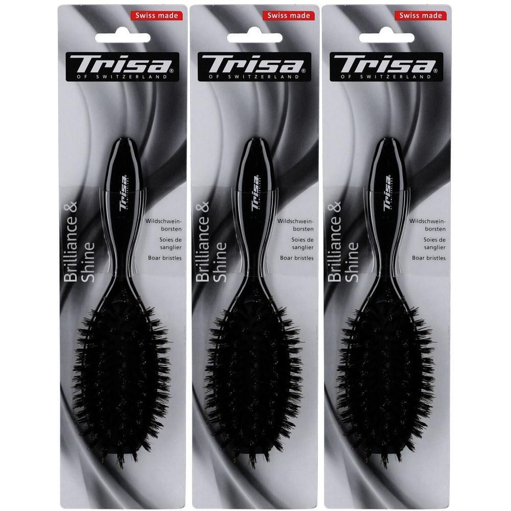 Trisa haarborstel met zwijnenhaar, "Brilliance & Shine" opschrift, Swiss made.
