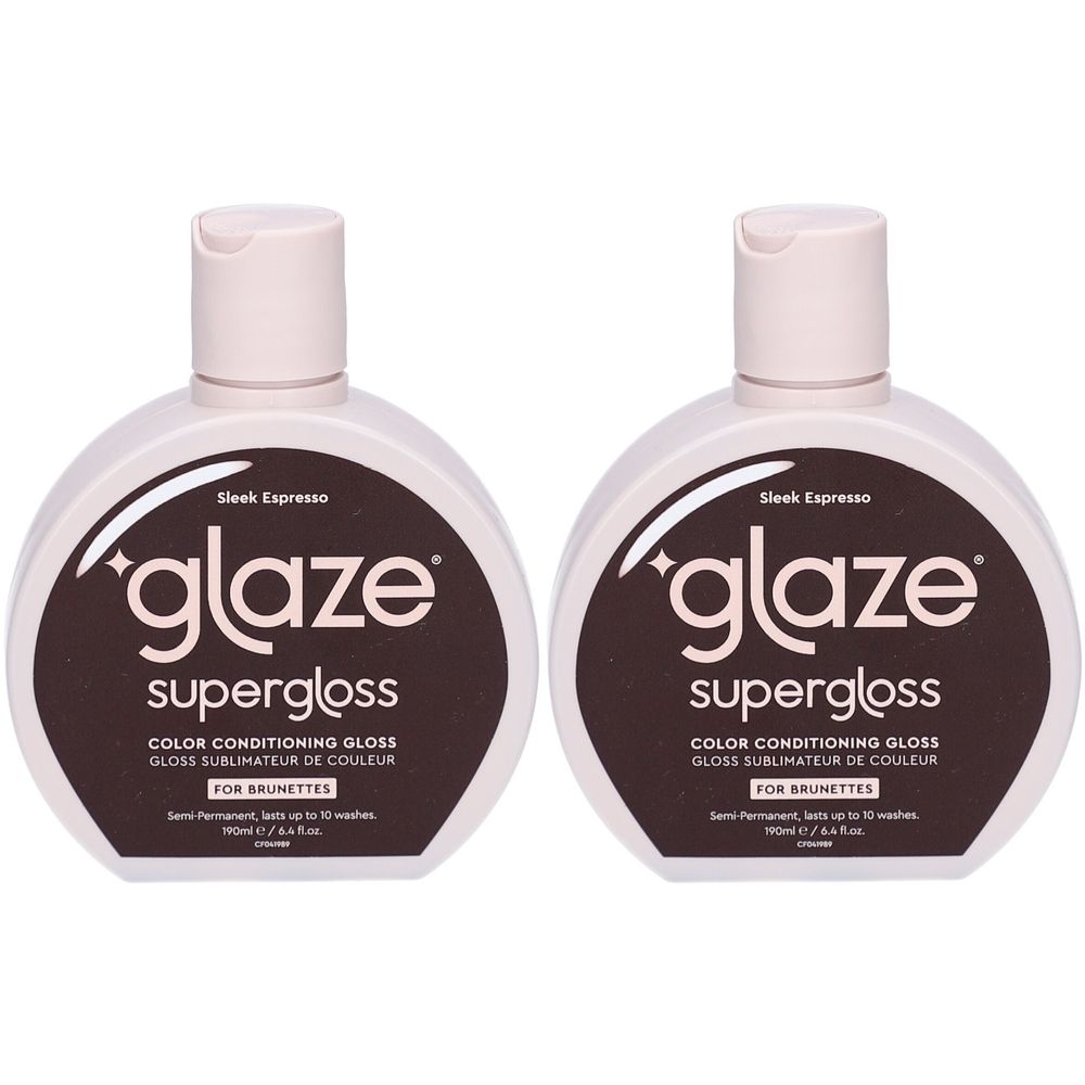 Twee flessen Glasur Supergloss Sleek Espresso. Kleurglans voor brunettes. Ronde, witte flessen met bruine etiketten.