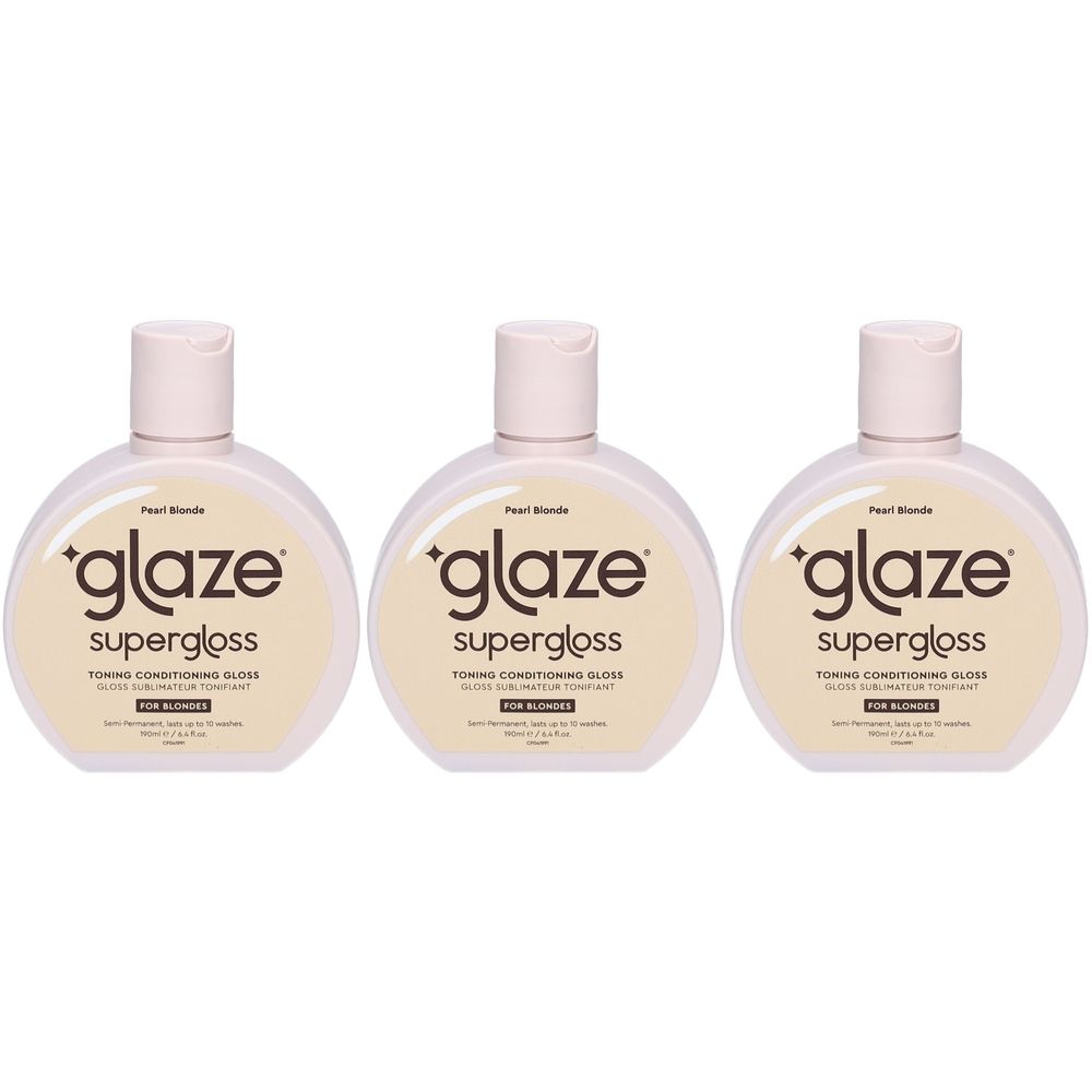 Drie flessen Glaze Supergloss Pearl Blonde Toning Gloss. Ronde vorm, crèmekleurige flessen met witte dop. Tekst op etiket.