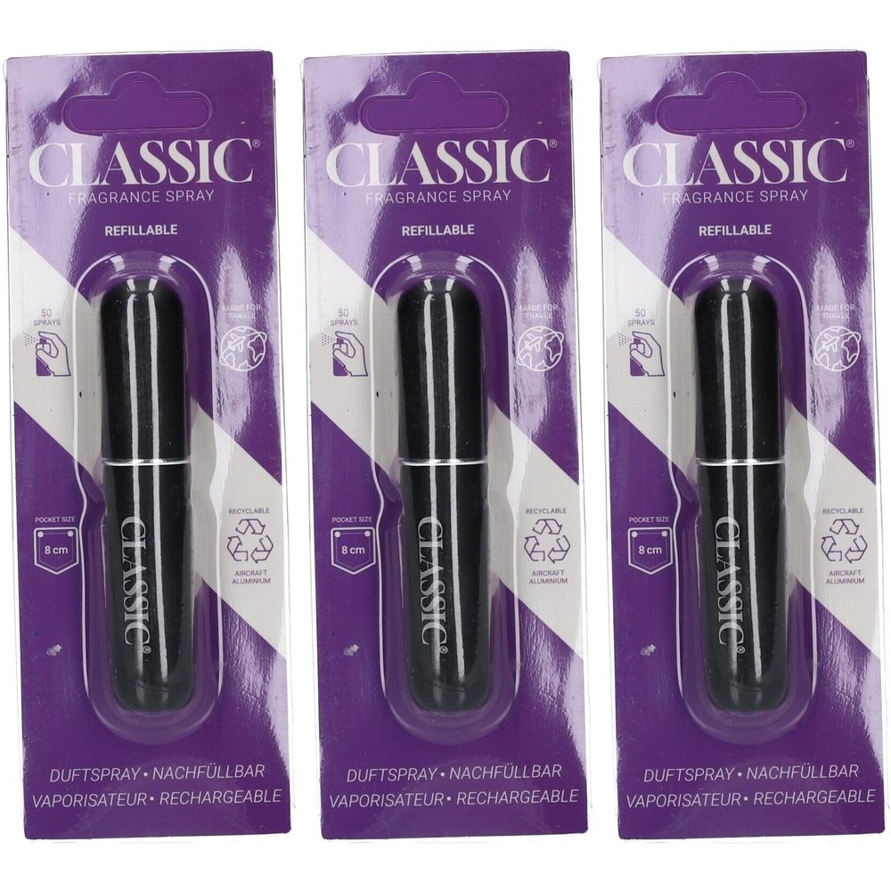 Trois vaporisateurs de parfum noirs rechargeables dans un emballage violet. Inscription : CLASSIC, vaporisateur, rechargeable. Taille : 8 cm.