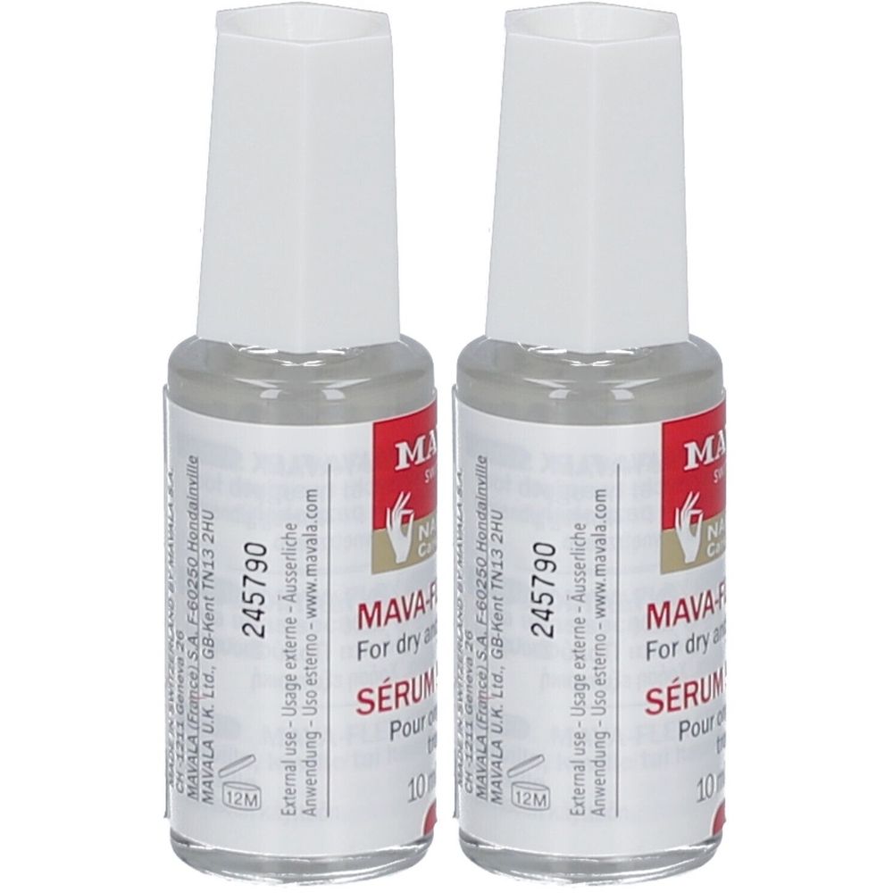 Twee flesjes nagelserum met witte dop. Rode etiketten met tekst. 10 ml.