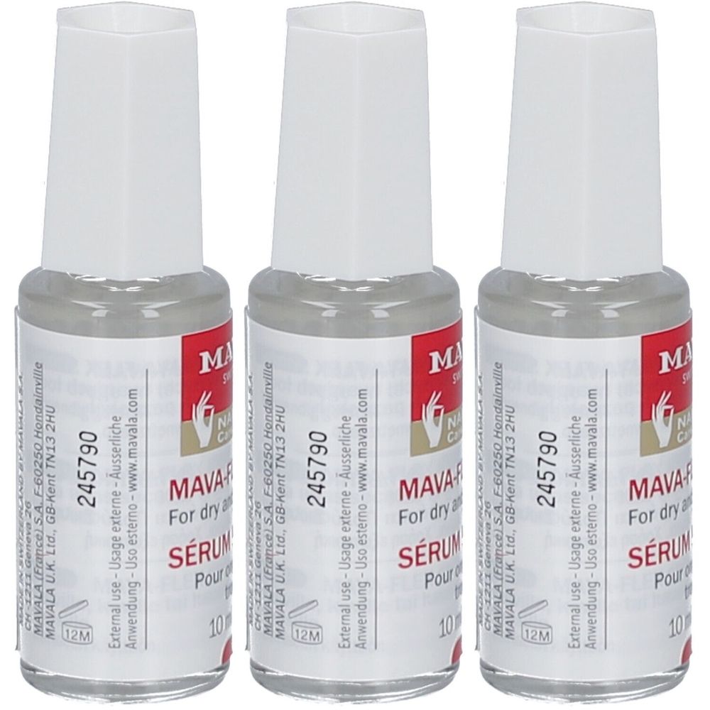 Drie flessen Mavala® Mava-Flex Nagelserum. Heldere vloeistof in glazen flessen met witte dop en etiket.
