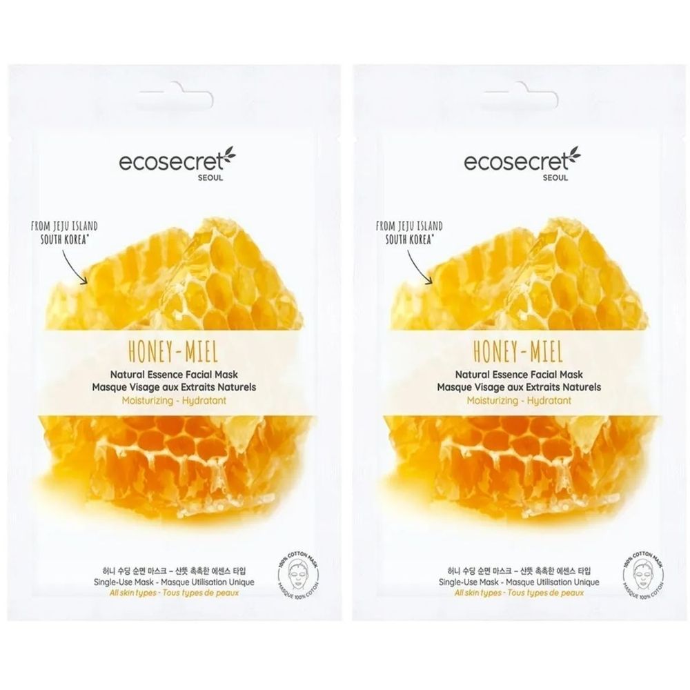 Deux masques faciaux Ecosecret. Emballage blanc avec motif en nid d'abeille. Texte : Honey-Miel, Natural Essence Facial Mask.