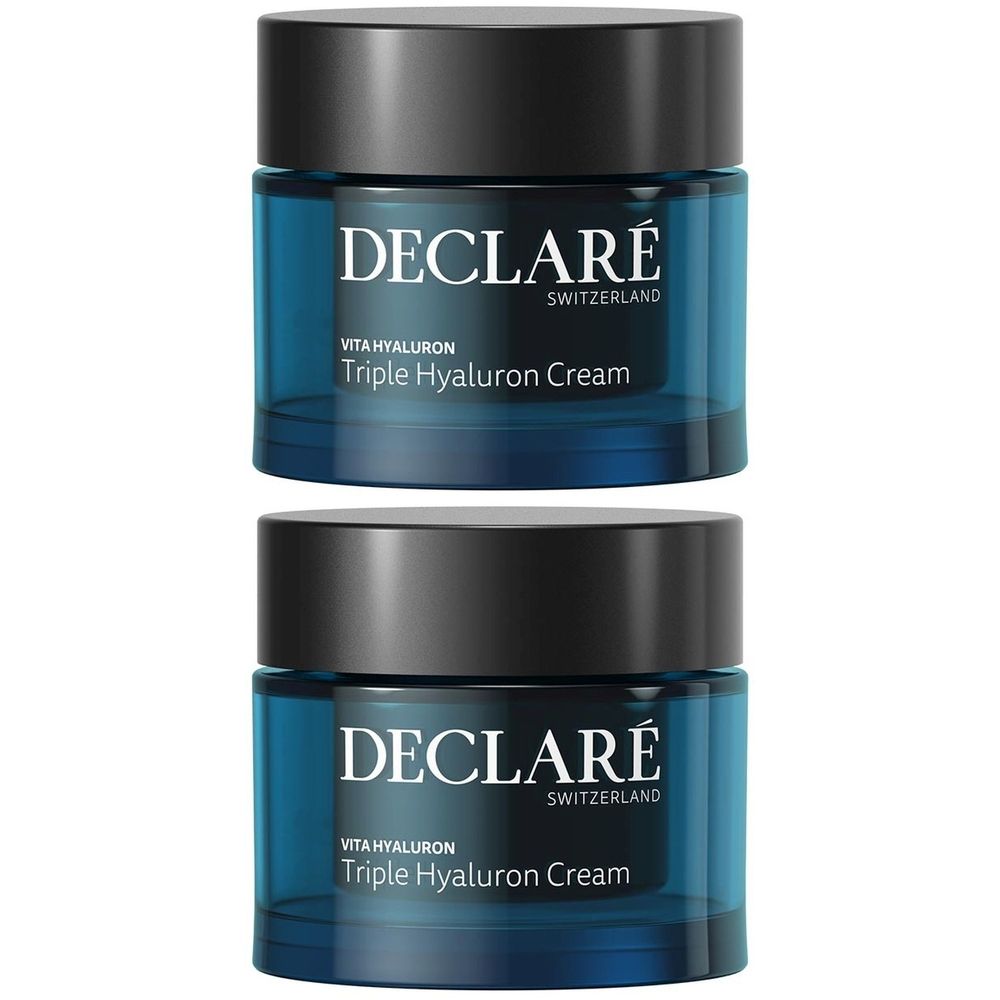 Deux pots de DECLARÉ Vita Hyaluron Triple Hyaluron Cream. Couvercle noir, contenant bleu, texte blanc.