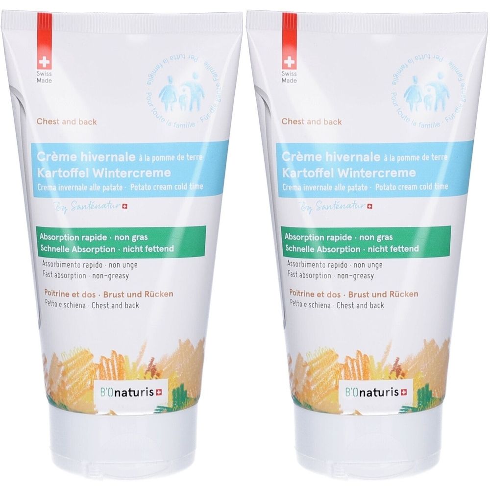 Deux tubes de crème hivernale à la pomme de terre. Tubes blancs avec texte bleu et vert. Croix suisse en haut.