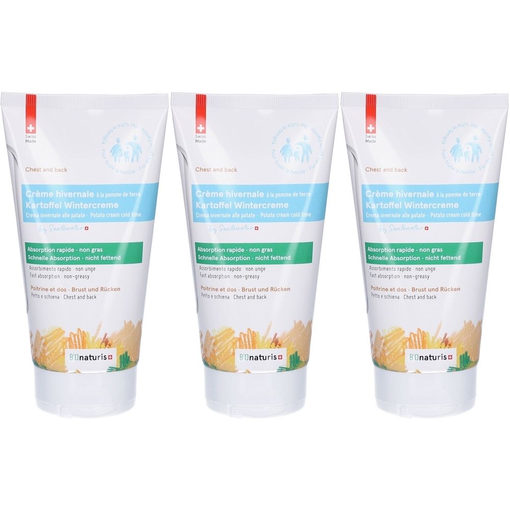 Trois tubes de crème hivernale BiOnaturis® Kartoffel. Tubes blancs avec texte bleu et vert. Croix suisse en haut à gauche.