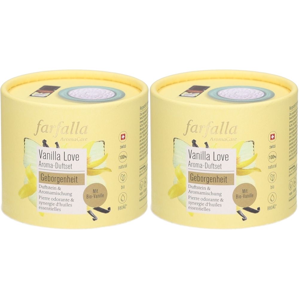 Twee gele cilindrische containers met opdruk. Opschrift: Farfalla Vanilla Love Aroma-Duftset. Met deksel en opening.