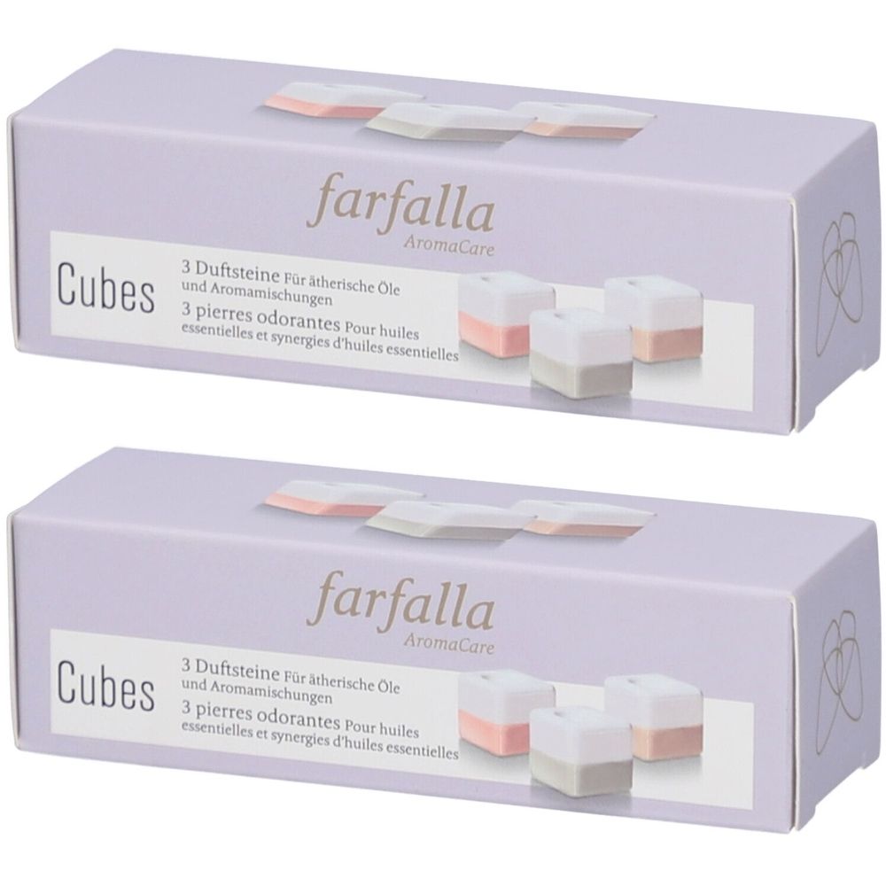 Twee lila dozen met "farfalla" logo en "Cubes" tekst. Geurstenen in kubusvorm worden afgebeeld.