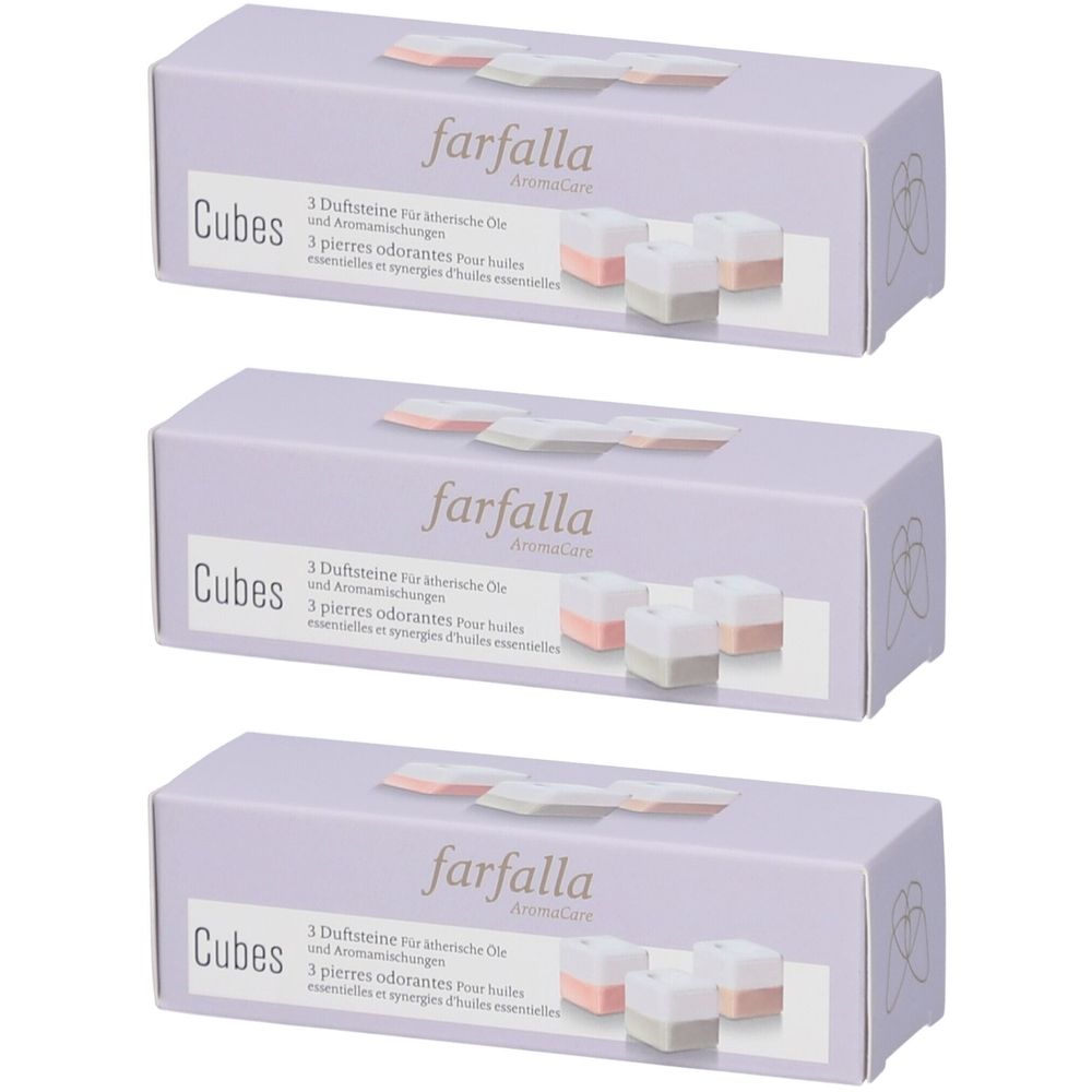 Drie lila dozen met het woord "farfalla". Elke doos toont een afbeelding van drie geurstenen.