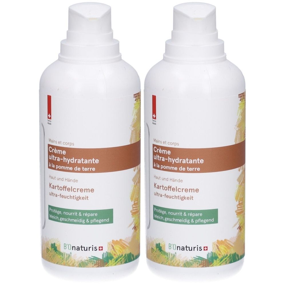 Twee witte flessen met spraykop. Opschrift: Crème ultra-hydratante à la pomme de terre, Kartoffelcreme ultra-feuchtigkeit. Merk: BIOnaturis.