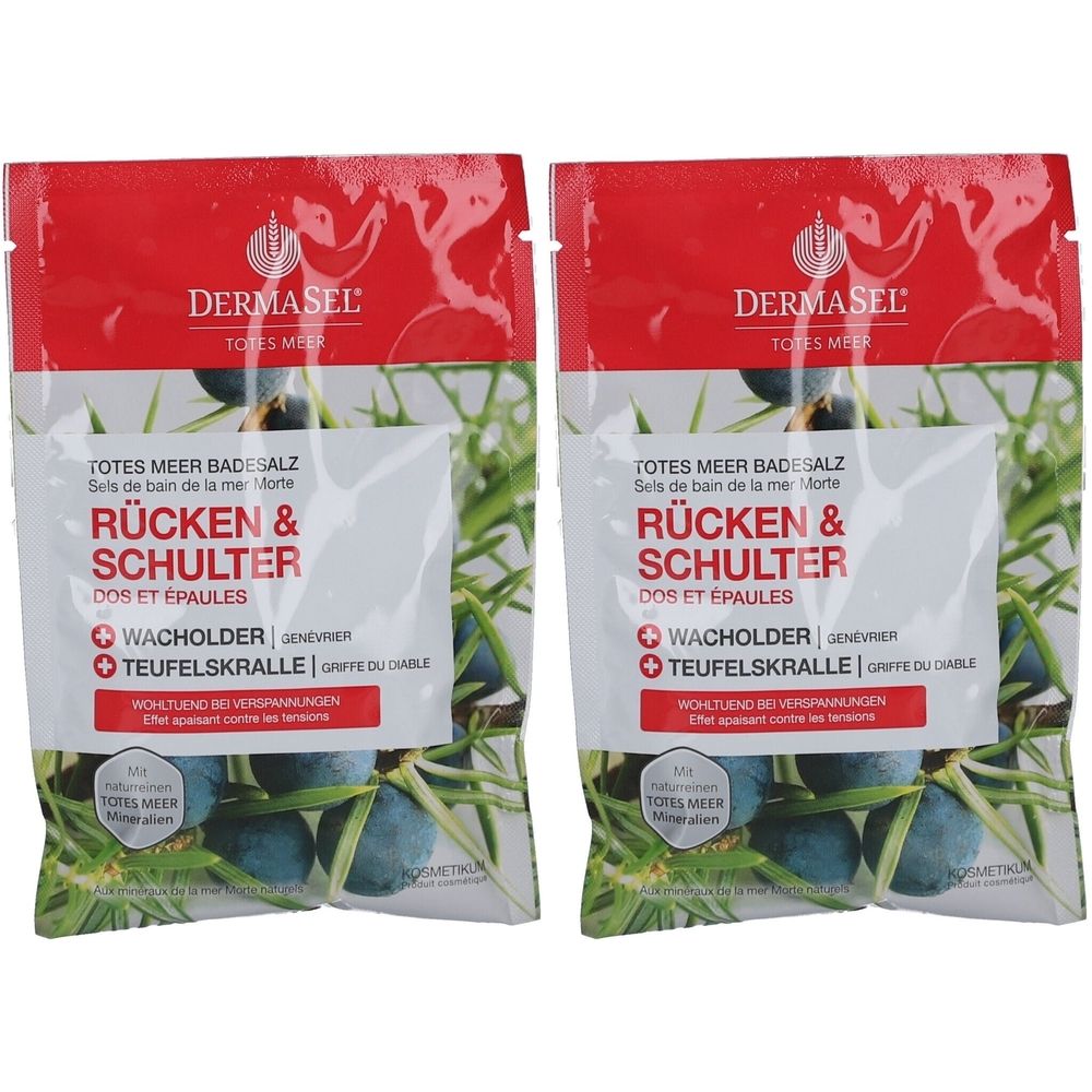 Twee zakjes Dermasel® Kristalbad Rug & Schouder. Rode en witte verpakking met productnaam en ingrediënten. Jeneverbes en duivelsklauw.