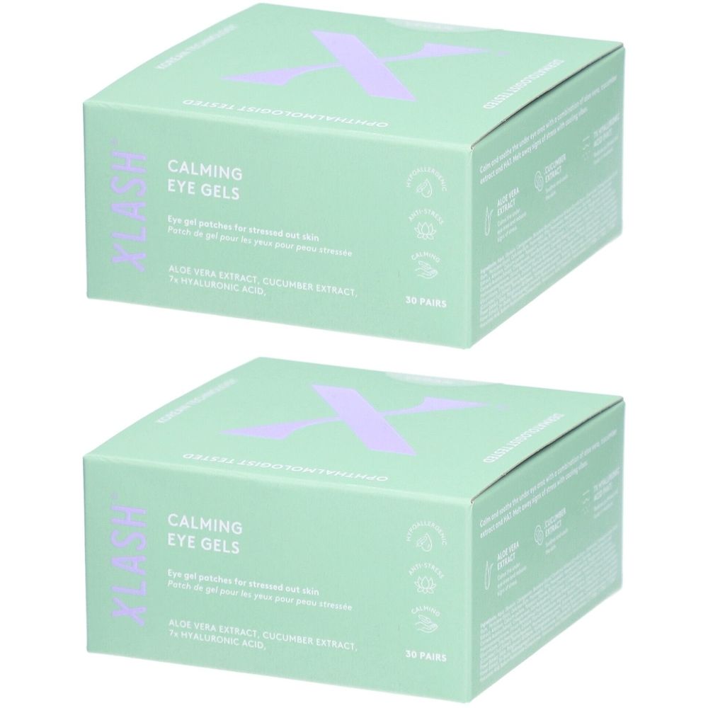 Twee lichtgroene dozen met paars X-logo. Opschrift: Xlash Calming Eye Gels. Bevat 30 paar. Met certificeringen.