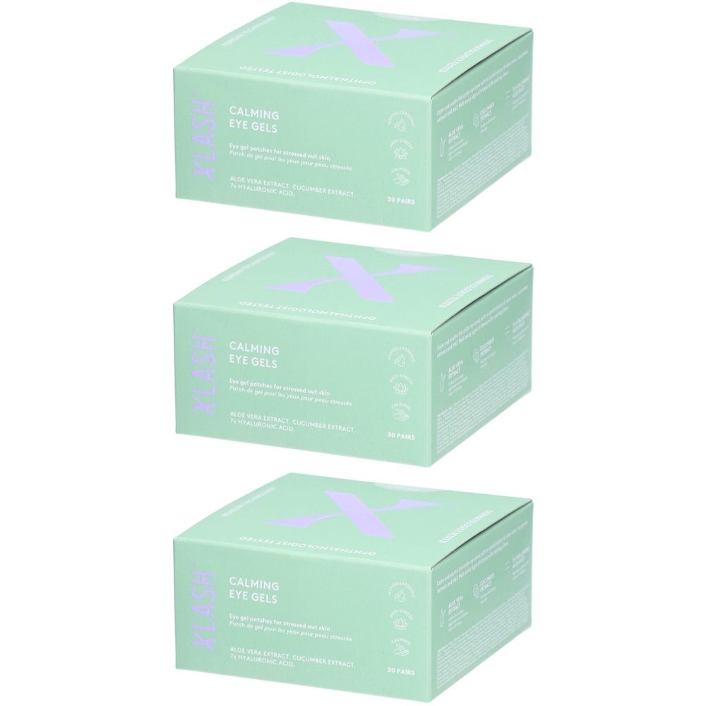 Drie groene dozen met paars X-logo. Opschrift: CALMING EYE GELS. Tekst: Voor de verzachtende huid onder de ogen. Met aloë vera extract.