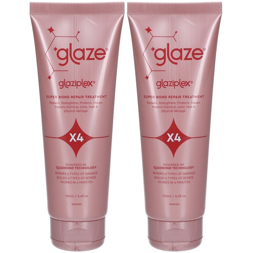 Deux tubes de soin réparateur capillaire. Tubes roses avec texte 'glaze' et 'glaziplex'. Texte: Super Bond Repair Treatment.