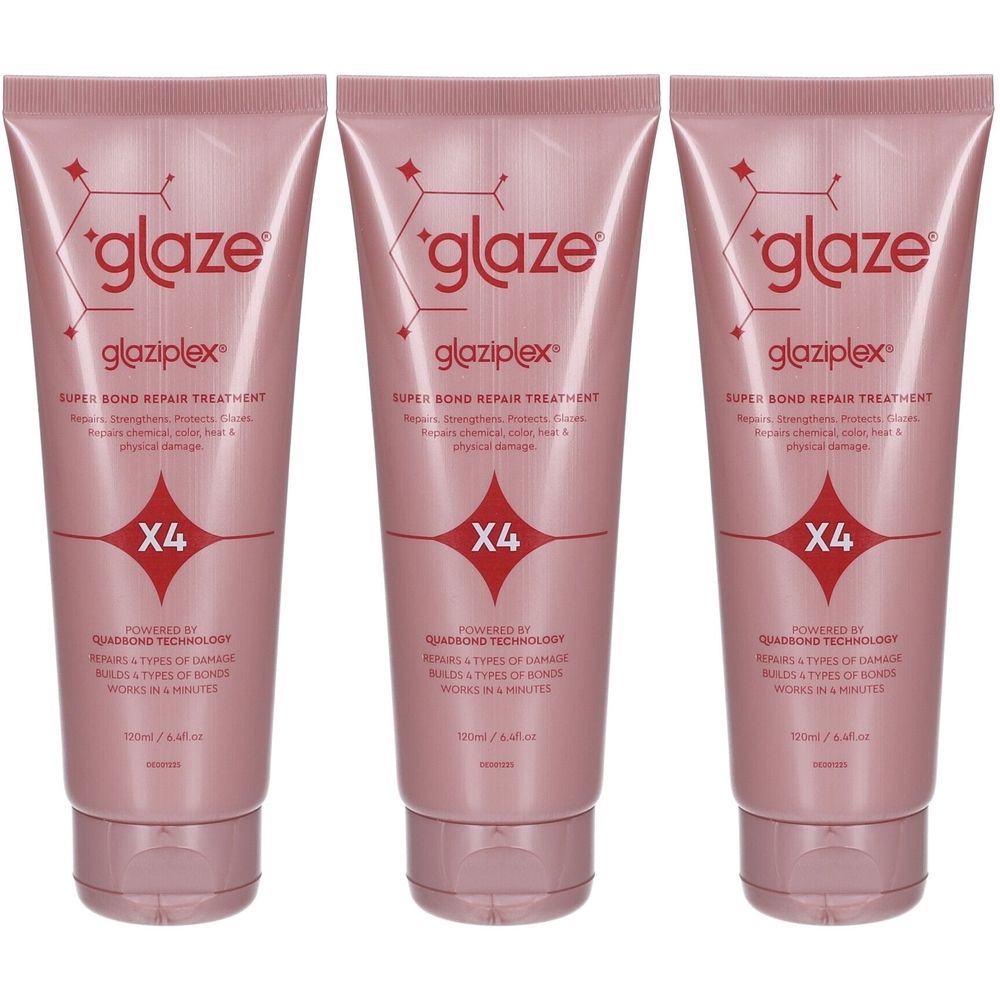 Trois tubes de Glaze GlaziPlex Super Bond Repair Treatment. Tubes roses avec texte rouge. Inscription : X4.