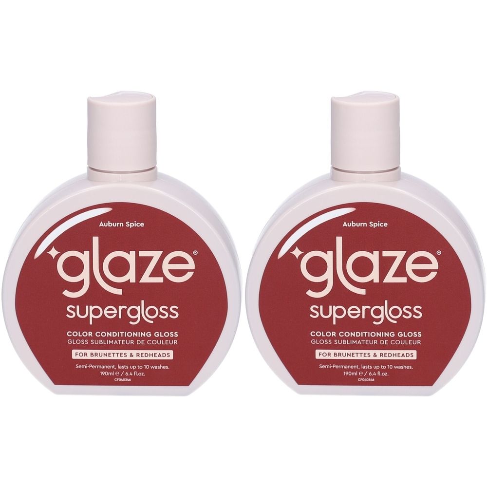 Twee witte flessen met roze dop. Op rode achtergrond staat "glaze supergloss". Tekst: "Auburn Spice", "Color Conditioning Gloss". 