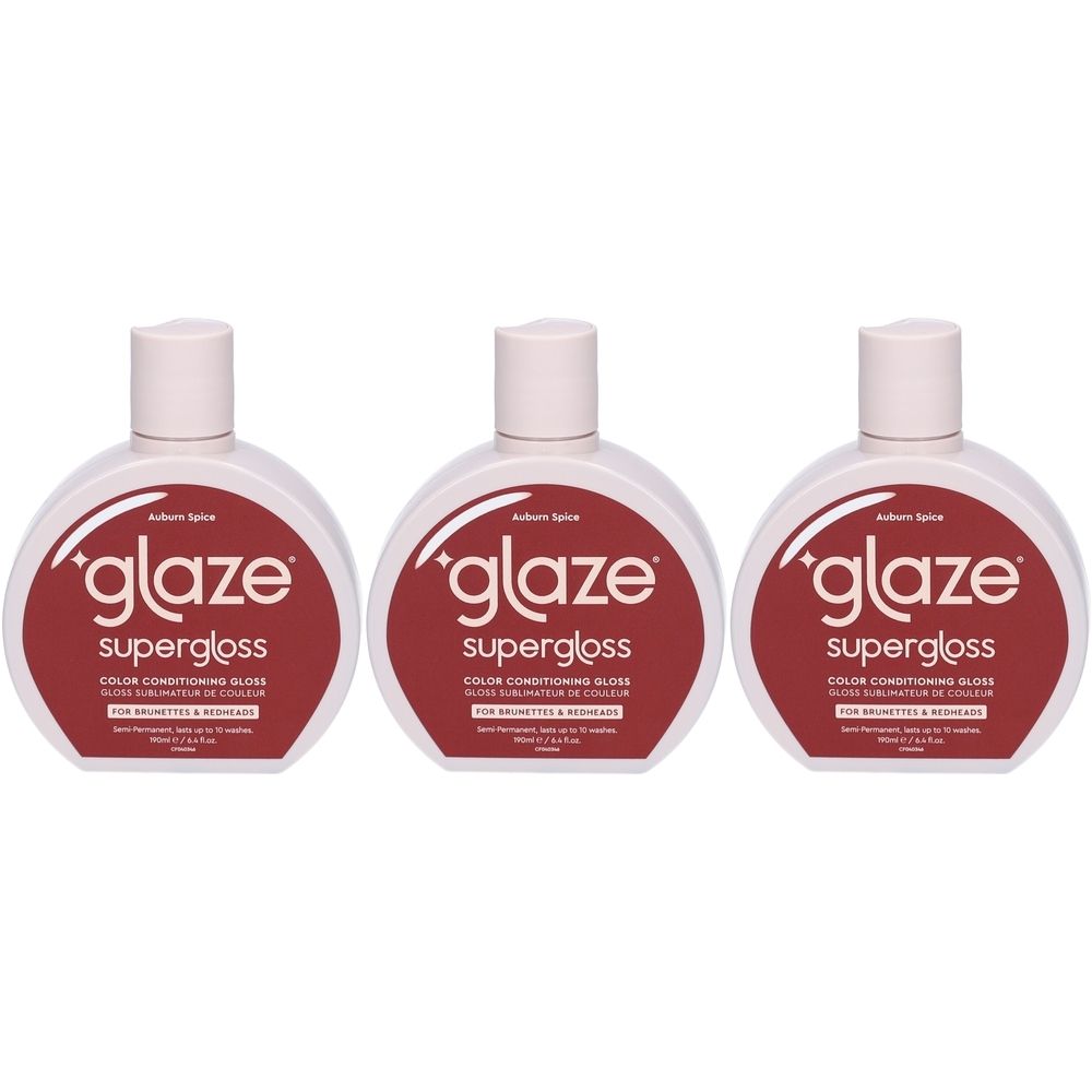 Drie flessen Glaze Supergloss Auburn Spice. Kleurglans voor brunettes en roodharigen. Ronde flessen, witte dop, rood etiket.