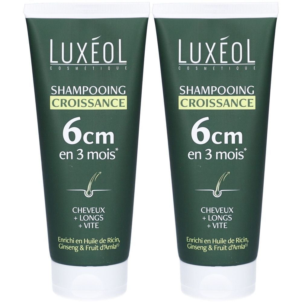 Twee groene tubes shampoo. Opschrift: LUXÉOL, Shampooing Croissance, 6cm en 3 mois. Bevat ricinusolie, ginseng & Amla.