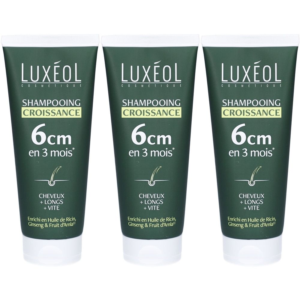 Drie groene tubes shampoo. Elke tube toont "LUXÉOL", "SHAMPOOING CROISSANCE", "6cm en 3 mois" en "CHEVEUX + LONGS + VITE".