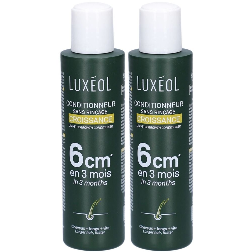 Twee groene flessen met witte dop. Opschrift: LUXÉOL Conditioner, groei, 6 cm in 3 maanden. Voor langer haar.
