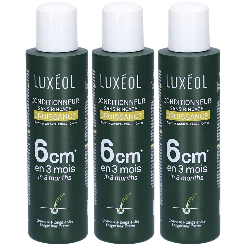 Drie flessen conditioner met witte dop. Opschrift: LUXÉOL, Conditioner zonder uitspoelen, Groei, 6 cm in 3 maanden.